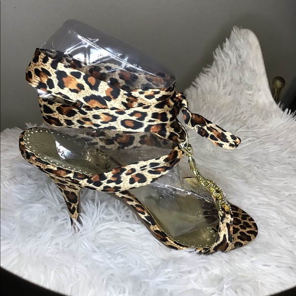 Ellie Leopard Print Tie-Up The Leg Sandals With Rhinestone Chain Detail - Picture 6 of 12